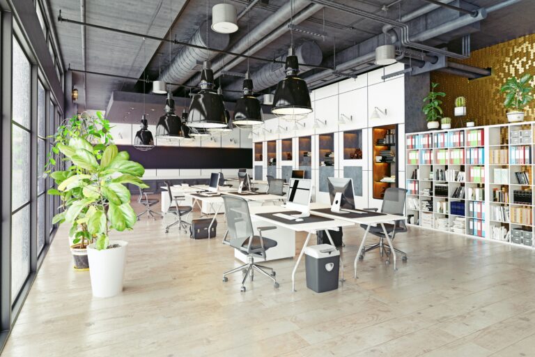 A large modern open colorful coworking office space