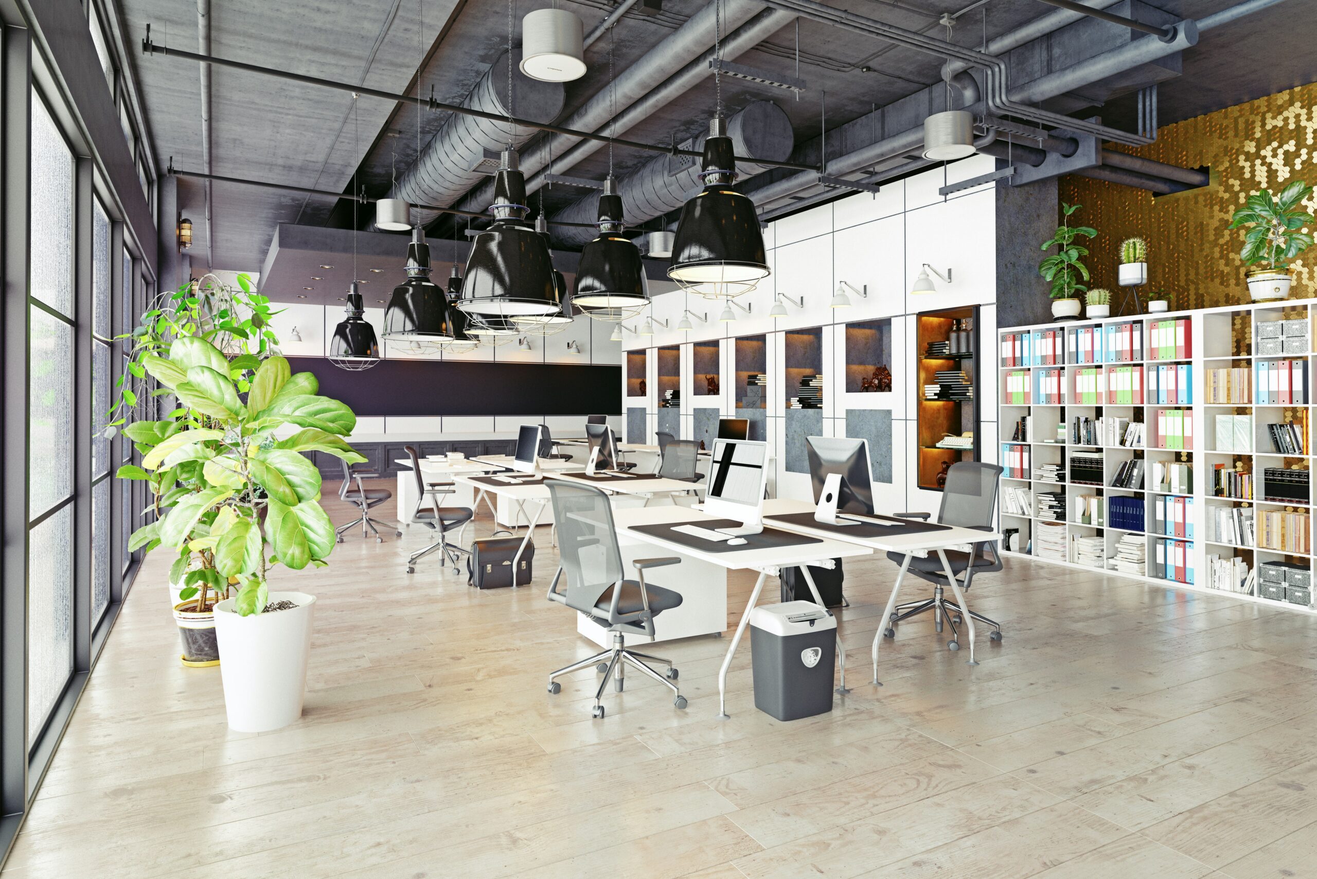 A large modern open colorful coworking office space
