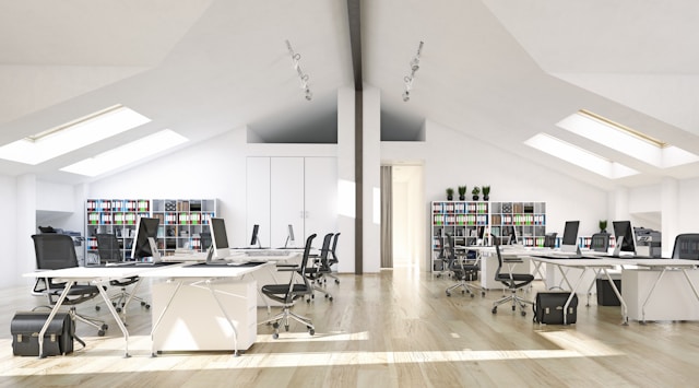 A clean black and white office space